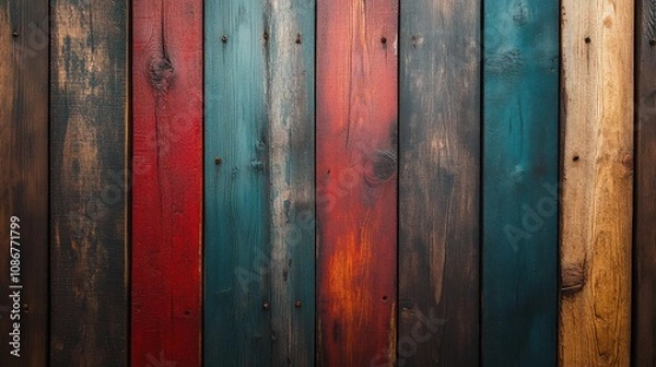 Fototapeta A captivating image of vertically aligned wooden planks painted in vivid red, blue, and brown, offering a dynamic and rustic aesthetic, perfect for backgrounds.