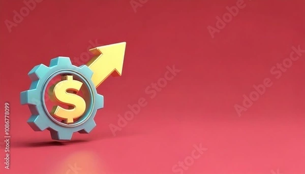 Fototapeta A stylized dollar sign within a gear symbol indicating growth, accompanied by an upward arrow, set against a vibrant red background.