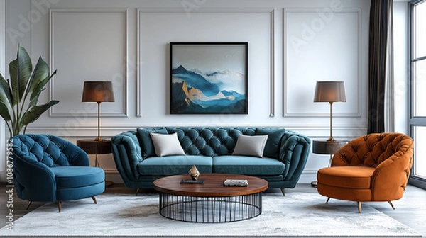 Fototapeta Luxury Teal and Orange Living Room Interior Design 