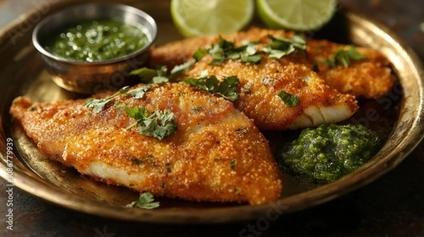 Fototapeta Rawa fried pomfret indian seaffod, golden crispy fish coated with semolina.