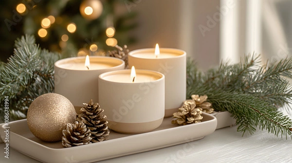 Fototapeta Minimalist Soy Candle Setting a Warm Holiday Mood at Dinner Table.