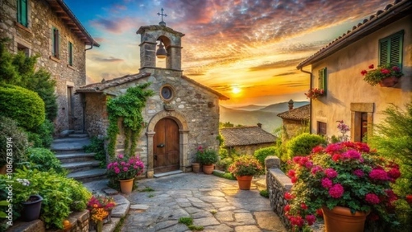 Fototapeta Captivating Vintage Style Photography of an Italian Church Surrounded by Lush Greenery and Historic Architecture in a Quaint Village Setting