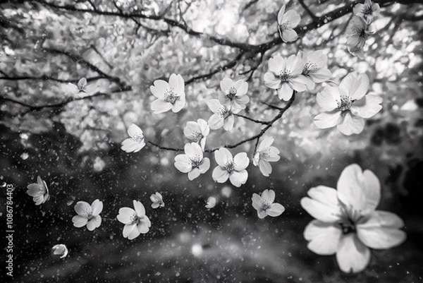 Fototapeta Black and White Photograph of a Cherry Blossom Tree in the Middle of a Lake