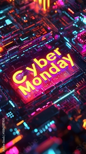 Obraz A vibrant graphic promoting Cyber Monday with neon colors and electronic design. Generative AI.