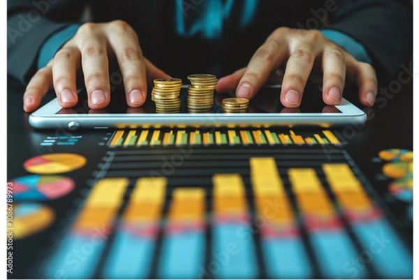 Obraz Analyzing financial growth through digital tools and stacked coins at a desk. Generative AI