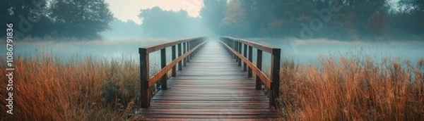 Fototapeta A Misty Bridge Guiding the Way Through a Serene Landscape of Discovery An Enchanting Journey into Nature's Embrace, Where Wooden Pathways Lead to Tranquil Waters and Breathtaking Scenery Awaits This