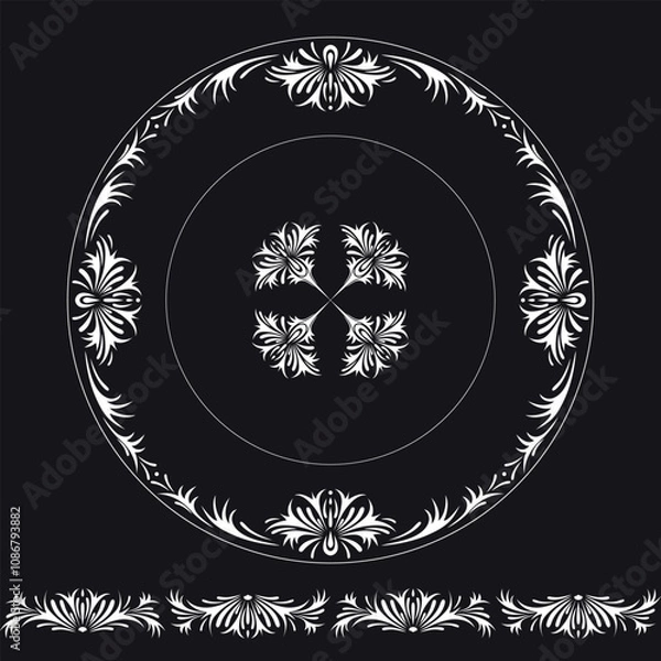 Obraz A set of horizontal and round floral ornaments. Graphic black and white vector.
