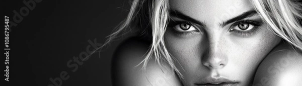 Obraz Edgy model in a minimalist setting, showcasing intense gaze and captivating beauty High-fashion monochrome portrait photography The model's edgy style contrasts sharply with the clean background