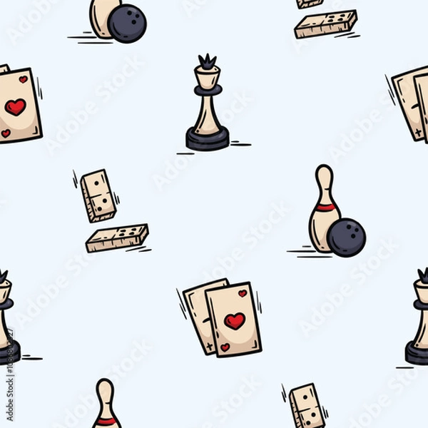 Fototapeta Vector seamless pattern with chess, bowling, dominoes and playing cards. Hand drawn background related to board games, leisure, sports and hobbies. Set of icons, signs and symbols