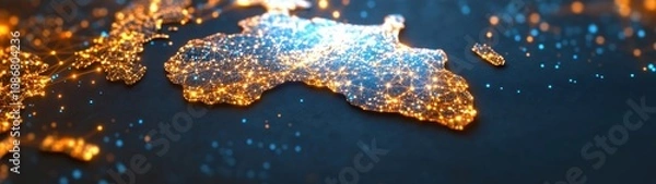 Fototapeta Detailed view of a glowing digital map highlighting connections and data flow across a geographic area with vibrant blue and orange lights at night.