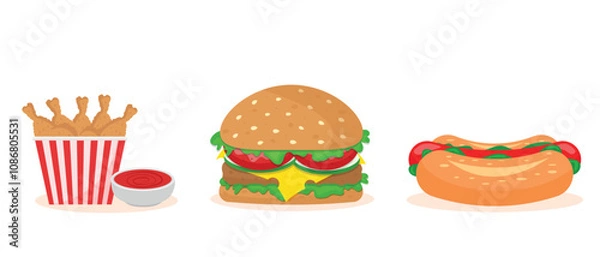 Fototapeta Fast food set for kitchen design,chicken,burger with cheese,hot dog,vector,illustration.