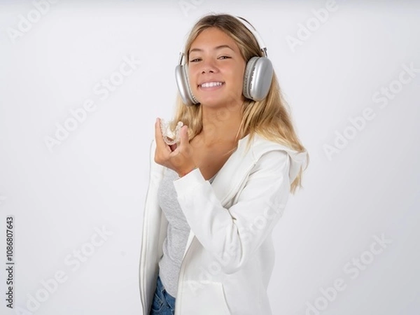 Fototapeta Beautiful teen girl wearing white jacket holding an invisible aligner ready to use it. Dental healthcare and confidence concept.