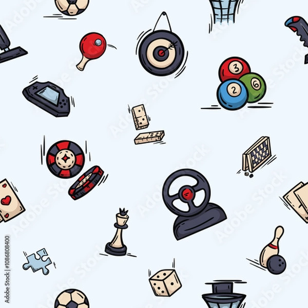 Fototapeta Vector seamless pattern with board games, leisure, sports and hobby items. Hand drawn background for wrapping paper, decoration, print. Set of icons, signs and symbols