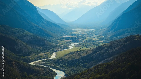 Obraz Beautiful photo of a valley with a river flowing through it, a view from above. 