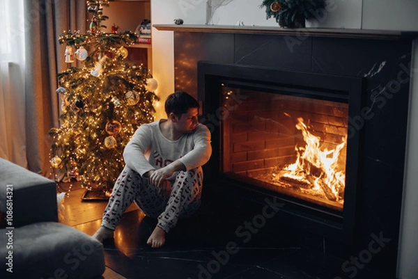 Fototapeta a man is sitting by the fireplace and looking at the fire