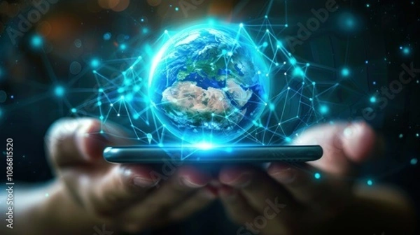 Fototapeta photograph of Mobile global internet communications, World wide web on phone via wireless satellite network technology, Smartphone digital connection at clouds services of all earth ,