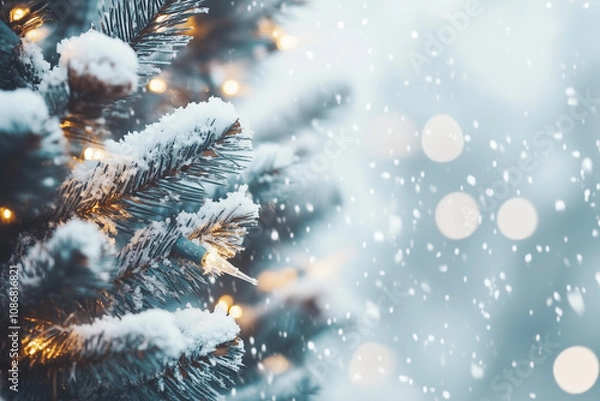 Obraz A stunning Christmas background featuring a snow-covered tree adorned with garland lights, set within a widescreen frame. This holiday festive backdrop captures the essence of New Year winter art desi