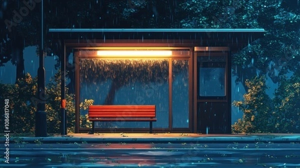 Fototapeta Bus stop at night, with a bench and a light on the side, and raindrops, in the style of anime
