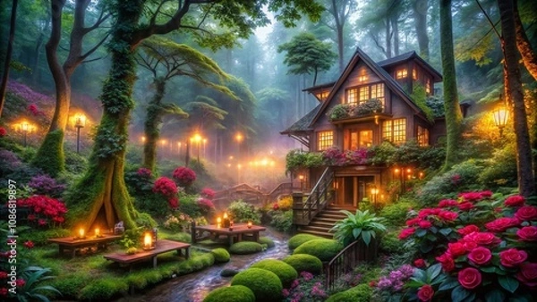 Obraz Enchanted Love Hotel Nestled in a Mystical Deep Forest Surrounded by Lush Greenery and Ethereal Light, Perfect for Romantic Getaways in Nature's Embrace