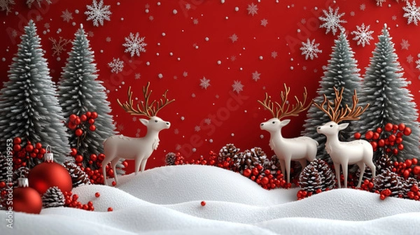 Fototapeta Christmas Reindeer in a Snowy Red Winter Scene