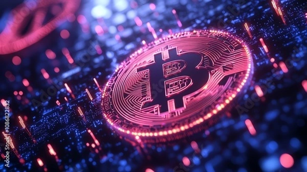 Fototapeta Dynamic holographic bitcoin grids glowing with cascading trails of blockchain nodes in a hightech environment