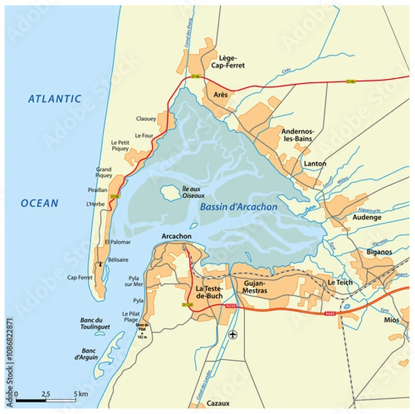 Obraz Map of Arcachon Basin, Bay of Arcachon, Nouvelle-Aquitaine, France