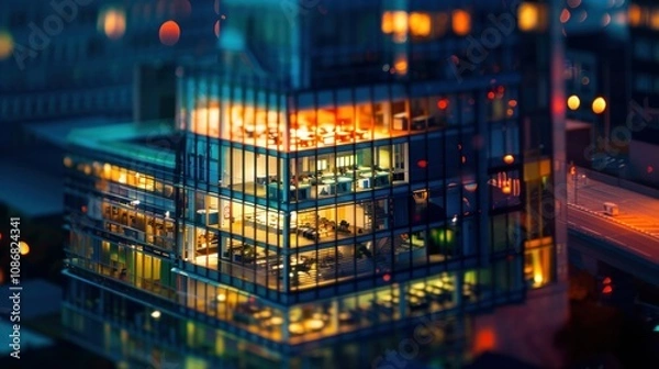 Obraz photograph of Sharp and detailed tilt-shift photo of a modern corporate office illuminated