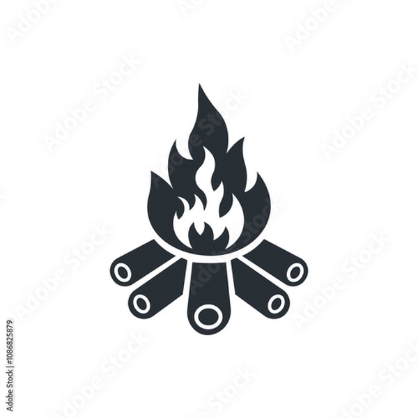 Fototapeta Campfire lit with wood logs flat icon. Camping trip. Vector illustration
