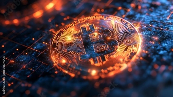Obraz Bitcoin symbols glowing within dynamic holographic grids of blockchain data points radiating neon colors