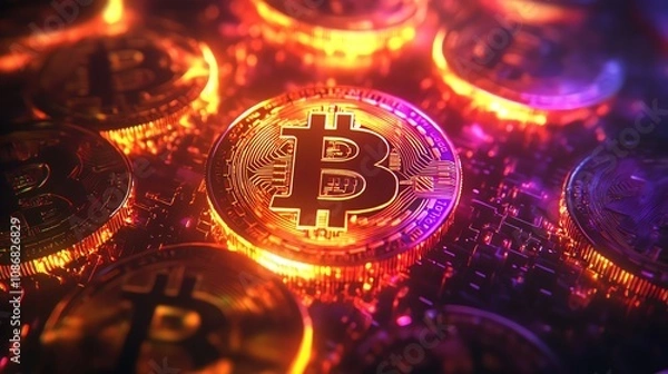 Obraz Bitcoin symbols glowing within dynamic holographic grids of blockchain data points radiating neon colors