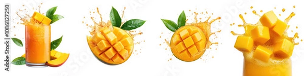 Fototapeta Deliciously Refreshing Mango Juice Splash in Glass with Green Leaves