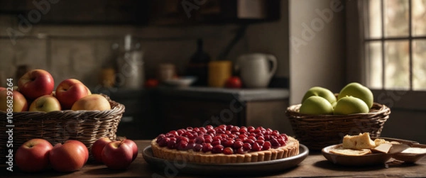 Obraz A beautiful rustic kitchen setting with a cherry tart and fresh apples on a wooden table in the afternoon light