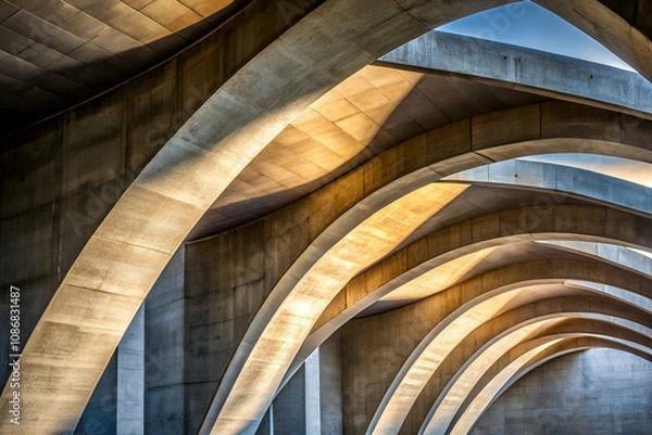 Fototapeta Brutalism Architectural concrete arches create a dynamic interplay of light and shadow, showcasing modern design and structural elegance.