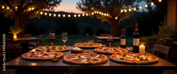 Obraz Dinner gathering with pizza and wine under string lights in an outdoor setting at sunset