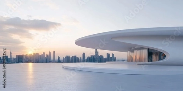 Fototapeta Futuristic Minimalist White Architectural Space Platform Overlooking a Vibrant City Skyline, Perfect for Abstract Marketing Backgrounds, Featuring Innovative Design Elements, Ideal for AI-Generated Wa