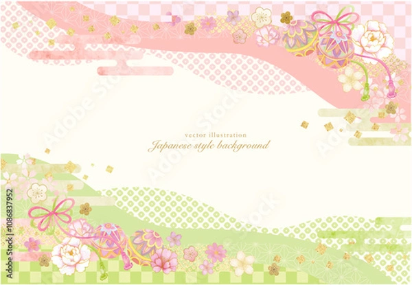 Obraz 水彩で描いた鞠と紐のリボンの和柄の背景