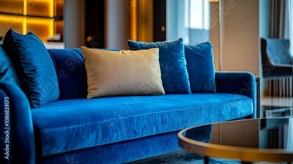 Obraz Luxurious Modern Minimalist Living Room with Rich Blue Velvet Sofa and Stylish Furnishings. Elegant Home Decor with Cozy Ambient Lighting Setting a Warm and Inviting Atmosphere