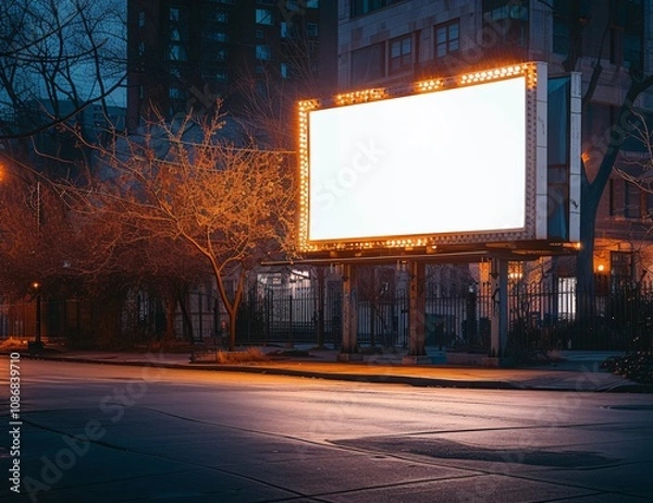 Fototapeta A vacant, illuminated billboard in a quiet city street during twilight, surrounded by dimly lit buildings and bare trees, evoking a sense of solitude.