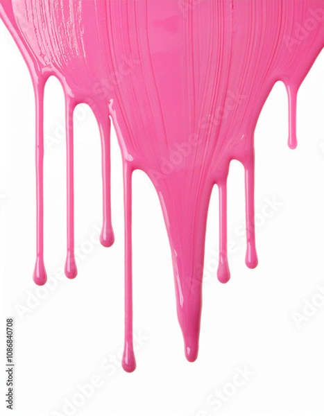 Fototapeta Vibrant pink paint dripping on white background. Fresh bright paint flowing down. Abstract pattern.