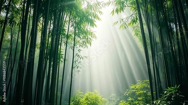 Obraz Sunlight filtering through a dense bamboo forest, creating ethereal beams of light and a sense of tranquility.