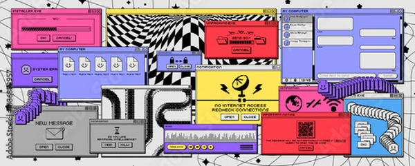 Fototapeta Retro desktop pc interface windows. Vintage colorful digital icons, retro cartoon computer screen, system notifications, applications and folders. Vector set