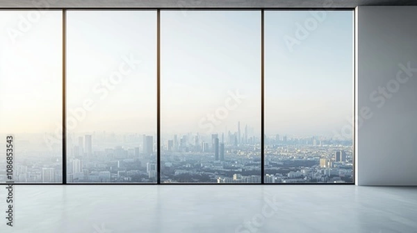 Fototapeta Interior view of an empty room in a skyscraper, showcasing the cityscape during the day. The skyline view from a high-rise window offers a gorgeous property with a stunning view.