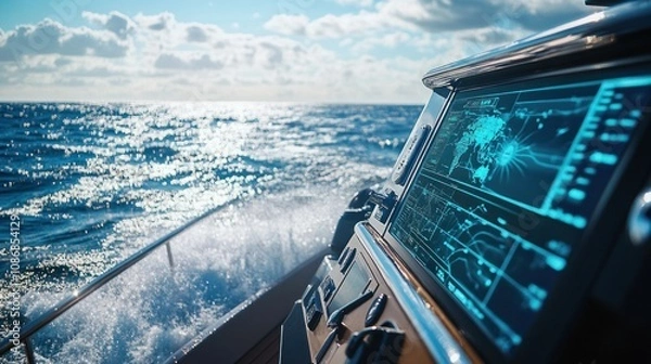 Fototapeta A yacht glides over shimmering waves, showcasing a high-tech display that reveals precise satellite navigation information.