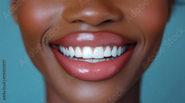 Fototapeta Wide, Beaming Smile With Glossy White Teeth, Framed By Soft, Natural Lips, All On A Soft White Backdrop For A Clean And Vibrant Look