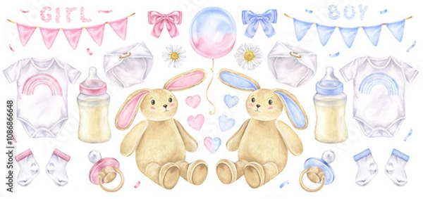 Fototapeta This adorable watercolor illustration showcases a set of baby essentials, including a pacifier, diaper, bodysuit. Hand drawn and isolated cute clipart elements come in gentle blue and pink tones