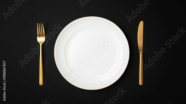 Fototapeta Minimalist served white plate with golden fork and knife, copy space, black background. Generative AI
