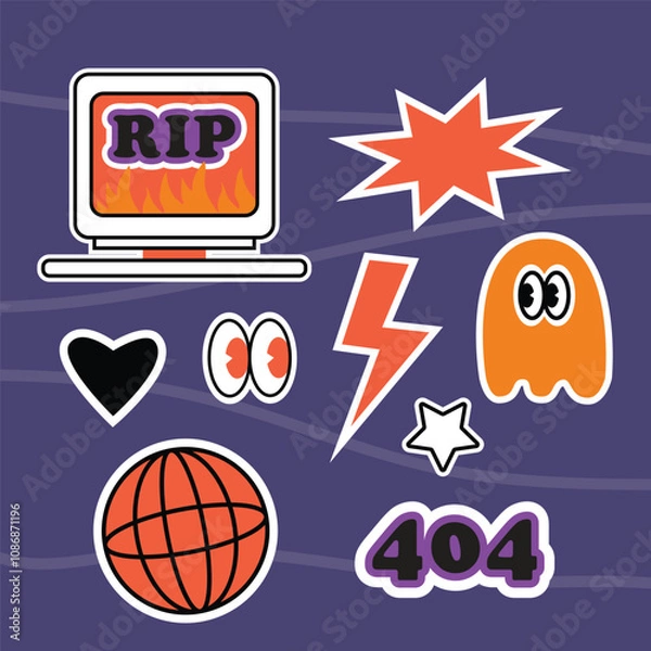 Fototapeta Set of flat design stickers with computer, eyes, stars and hearts. Flat illustration set on purple background