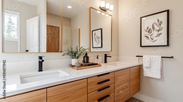 Fototapeta Cozy bathroom, wood-veneer cabinet with washbasin, soft recessed lighting, framed art