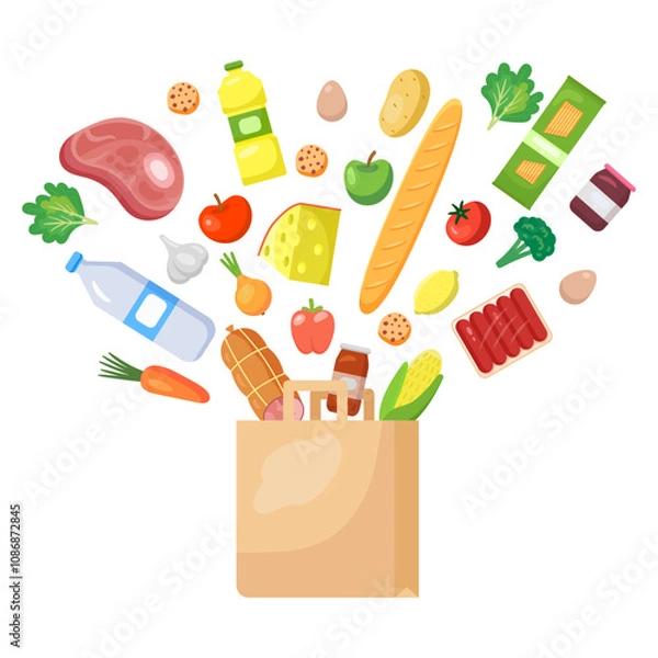 Fototapeta Products falling in paper shopping bag. Supermarket grocery cart with different groceries. Vector illustration in flat style, design template