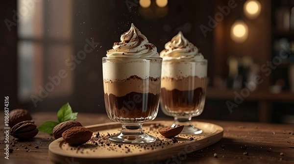 Obraz Tiramisu in a glass with layered cream and cocoa powder